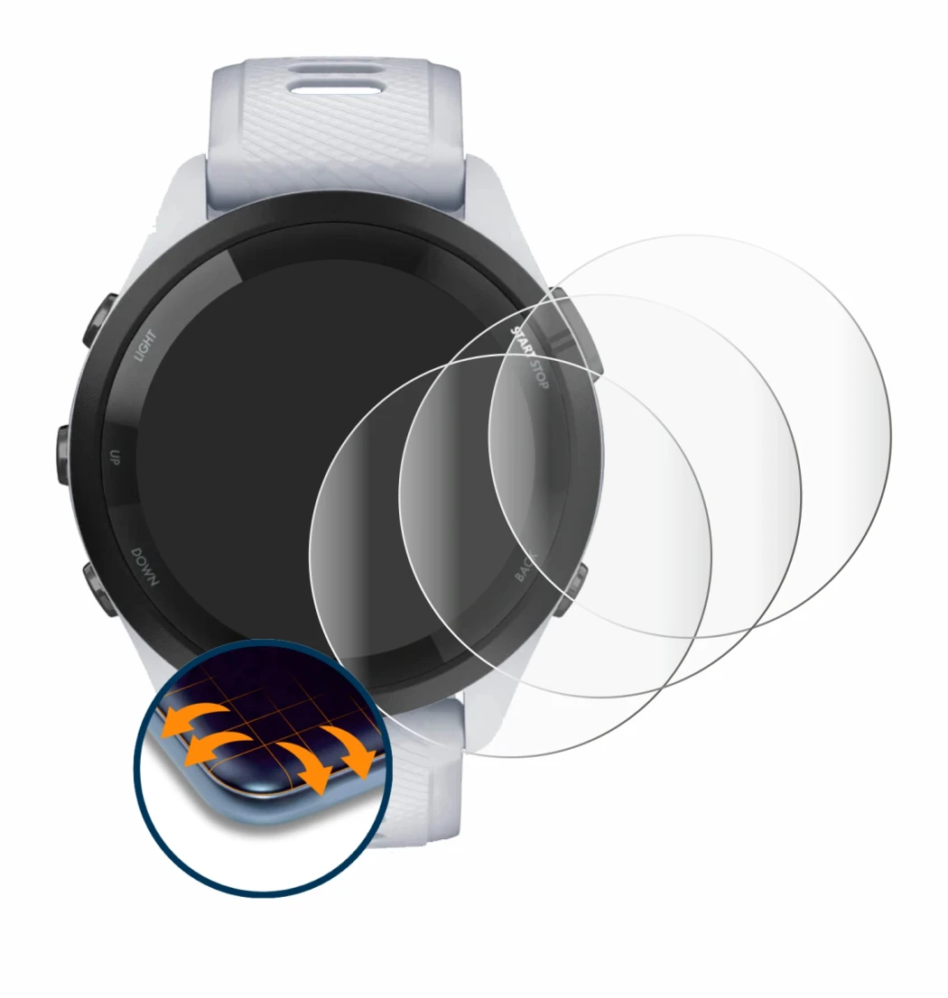 Immagine del dispositivo Garmin Forerunner 265 (46 mm) con un'ampia varietà di protezioni per lo schermo.