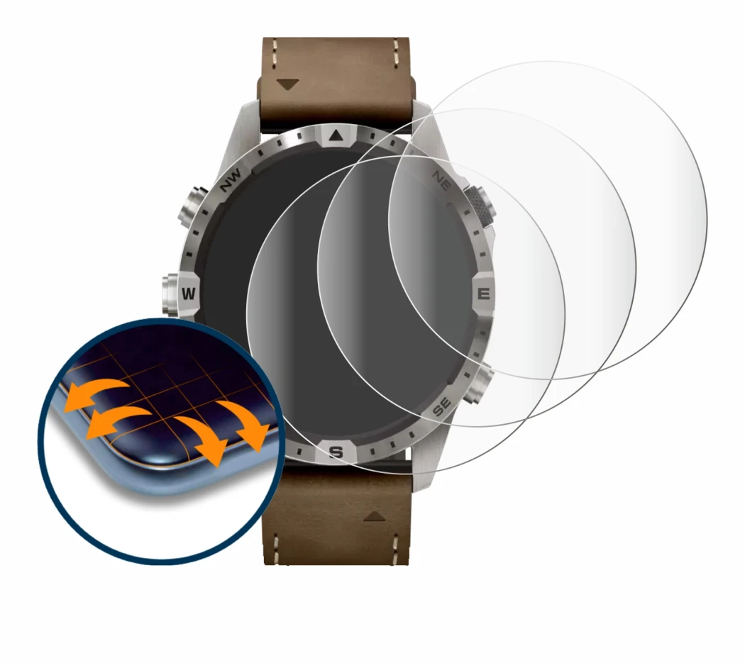 Immagine del dispositivo Garmin Marq Adventurer (Gen 2) con un'ampia varietà di protezioni per lo schermo.