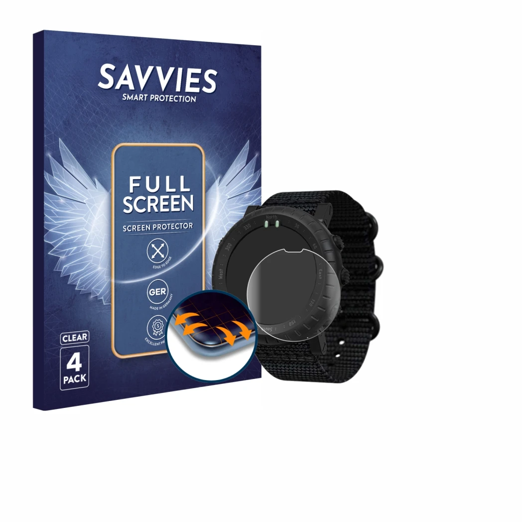 Parte frontale di una confezione del prodotto con il logo del marchio Savvies. Accanto è raffigurato il dispositivo Suunto Cor