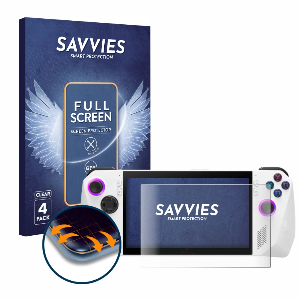 Parte frontale di una confezione del prodotto con il logo del marchio Savvies. Accanto è raffigurato il dispositivo ASUS ROG A