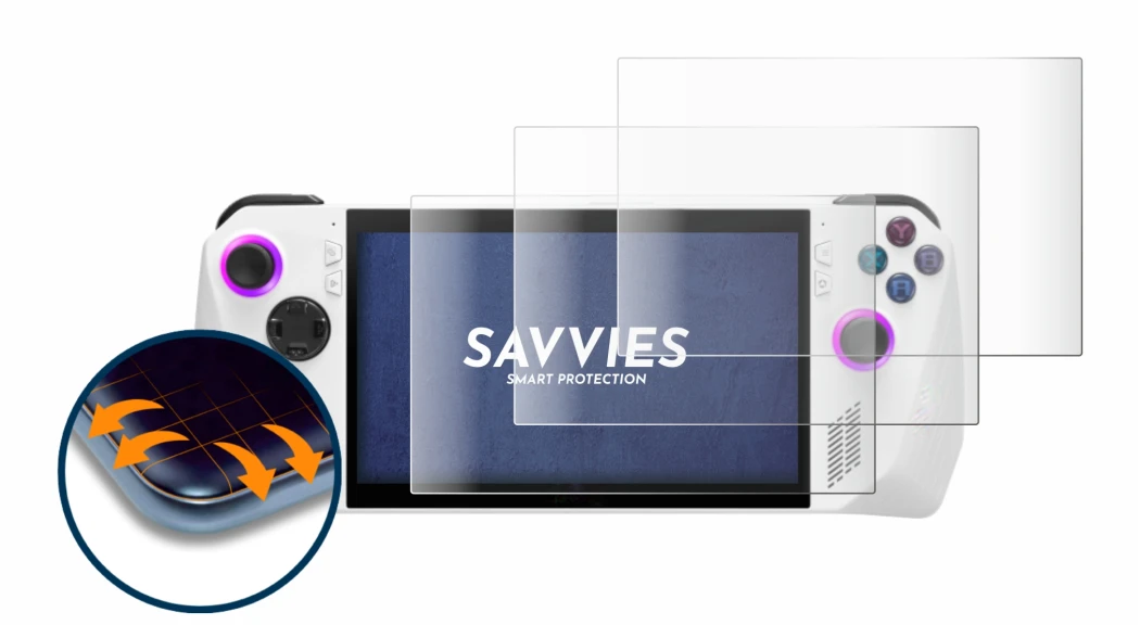 Immagine del dispositivo ASUS ROG Ally (2023) RC71L con un'ampia varietà di protezioni per lo schermo.