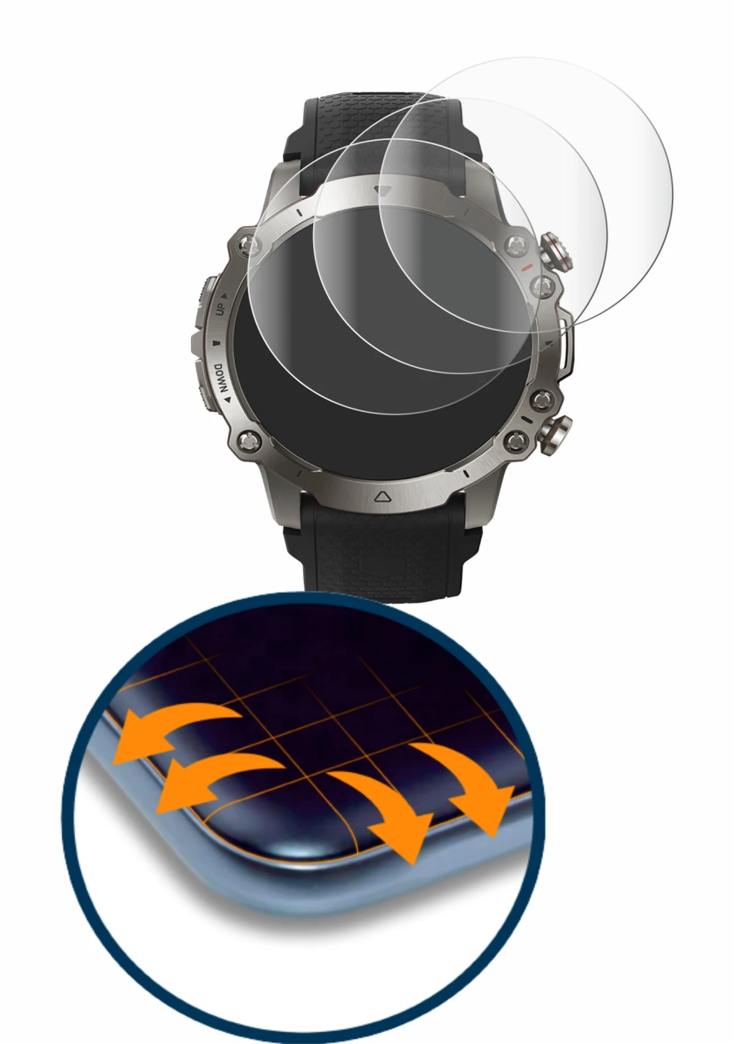 Immagine del dispositivo Huami Amazfit Falcon con un'ampia varietà di protezioni per lo schermo.