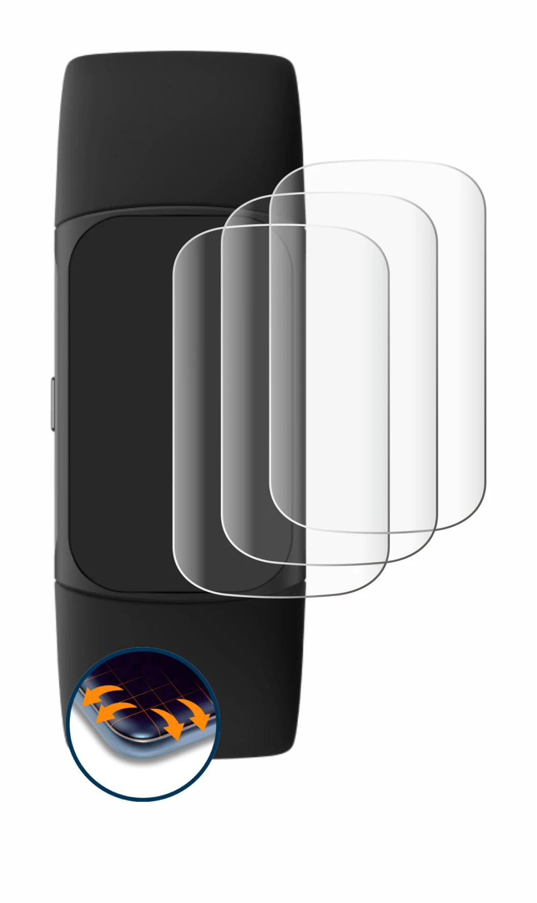 Immagine del dispositivo Fitbit Charge 6 con un'ampia varietà di protezioni per lo schermo.