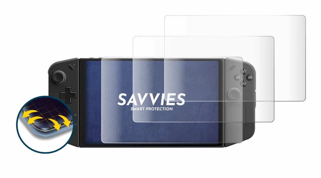 Immagine del dispositivo Lenovo Legion Go con un'ampia varietà di protezioni per lo schermo.