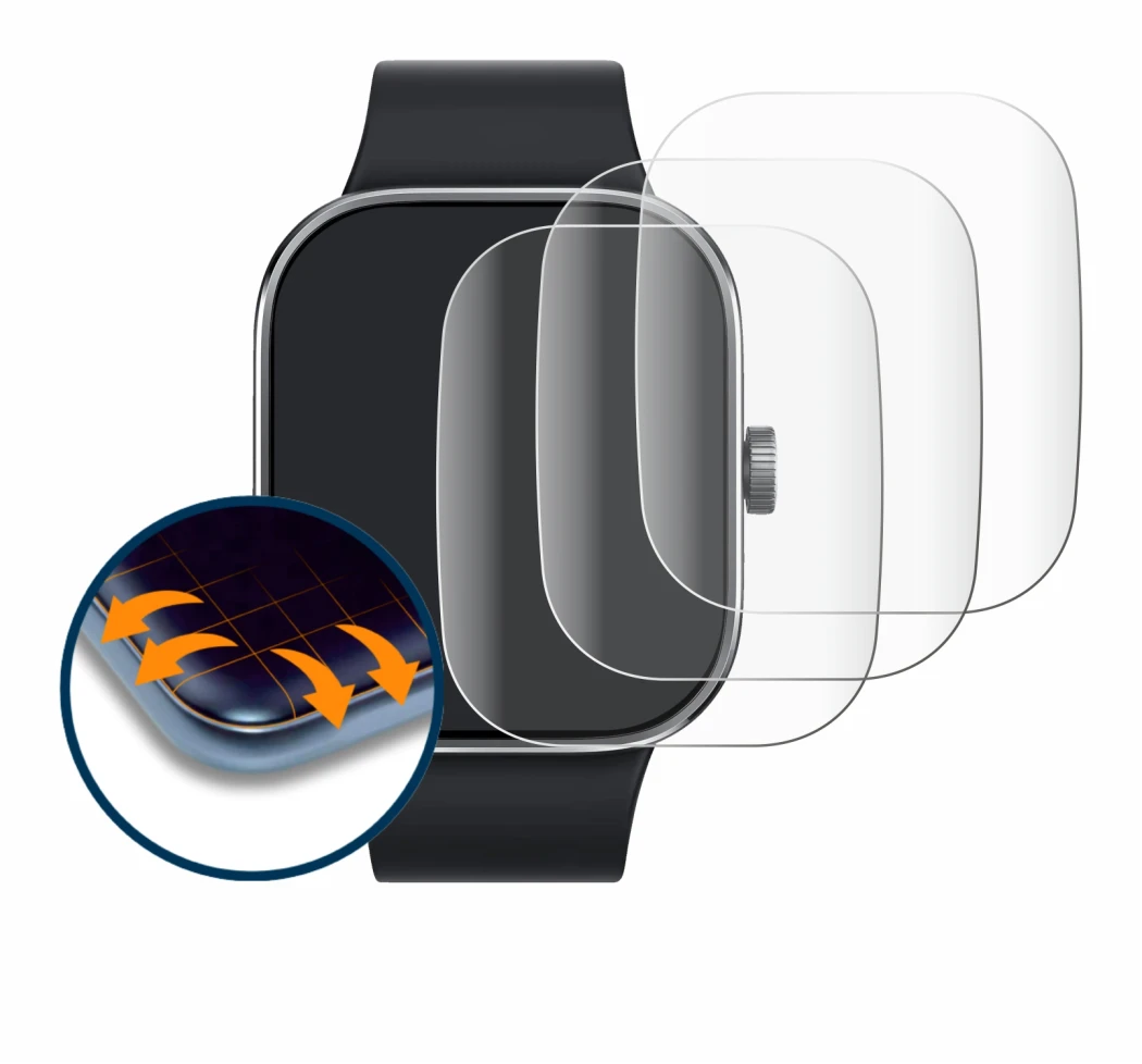 Immagine del dispositivo Xiaomi Redmi Watch 4 con un'ampia varietà di protezioni per lo schermo.