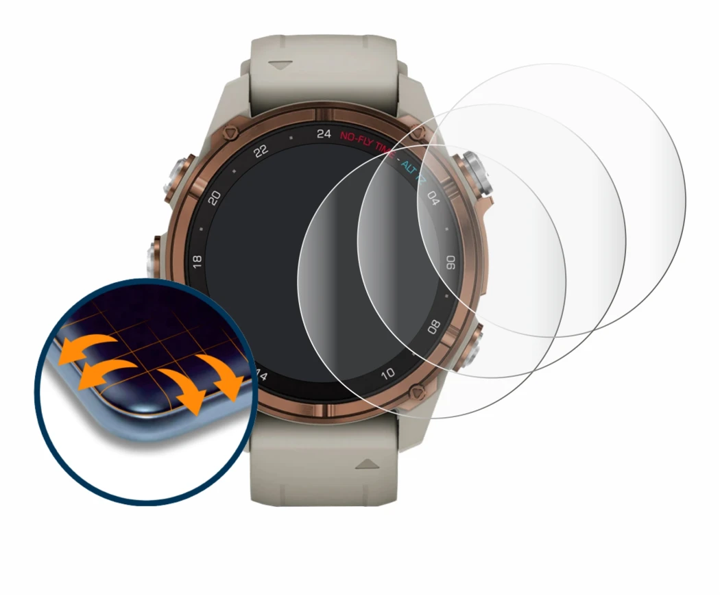 Immagine del dispositivo Garmin Descent Mk3 (43 mm) con un'ampia varietà di protezioni per lo schermo.