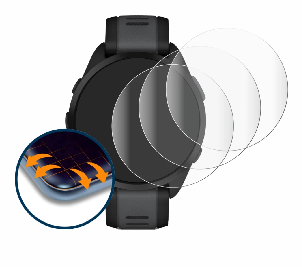 Immagine del dispositivo Garmin Forerunner 165 con un'ampia varietà di protezioni per lo schermo.