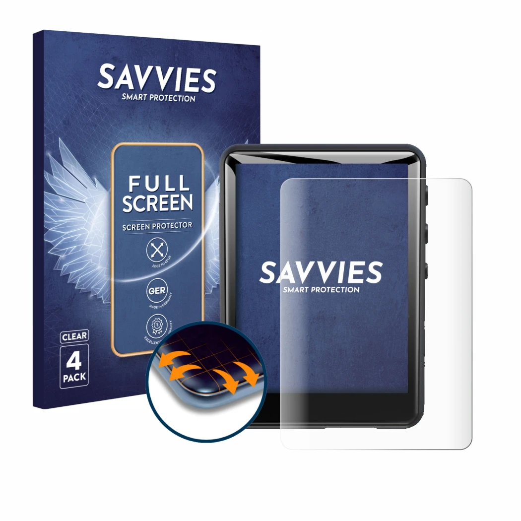 Parte frontale di una confezione del prodotto con il logo del marchio Savvies. Accanto è raffigurato il dispositivo Zaqe MP3 P