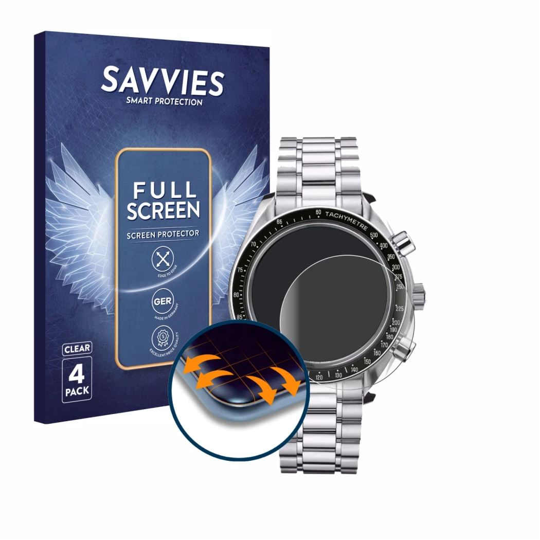 Parte frontale di una confezione del prodotto con il logo del marchio Savvies. Accanto è raffigurato il dispositivo Omega Spee