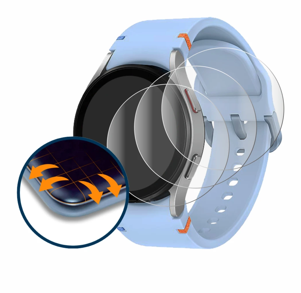 Immagine del dispositivo Samsung Galaxy Watch FE con un'ampia varietà di protezioni per lo schermo.