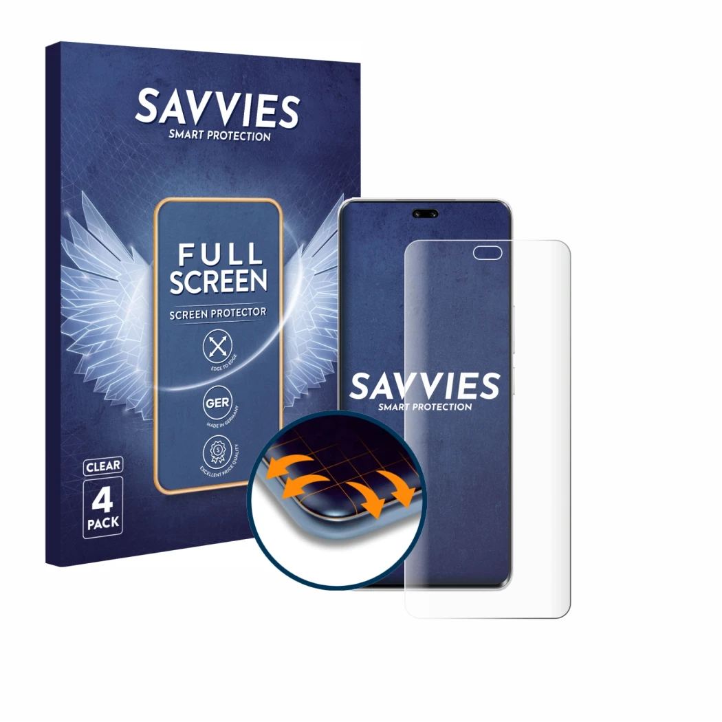 Parte frontale di una confezione del prodotto con il logo del marchio Savvies. Accanto è raffigurato il dispositivo Honor 200 
