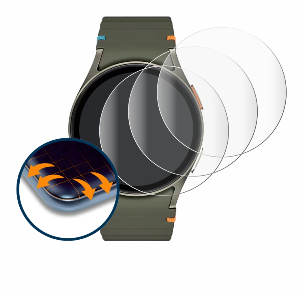 Immagine del dispositivo Samsung Galaxy Watch 7 (40 mm) con un'ampia varietà di protezioni per lo schermo.