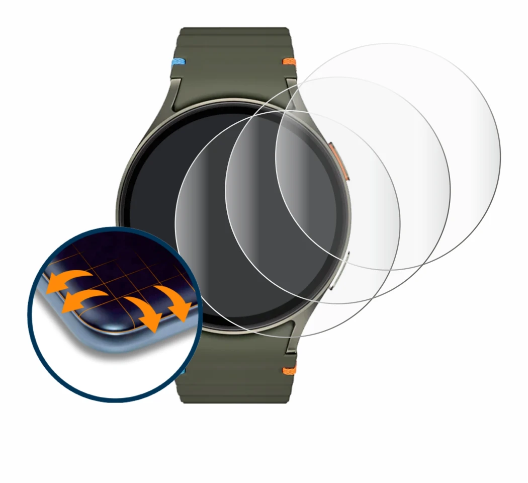 Immagine del dispositivo Samsung Galaxy Watch 7 (44 mm) con un'ampia varietà di protezioni per lo schermo.