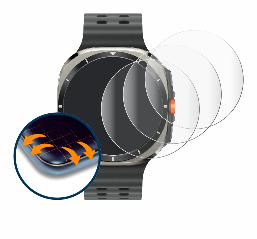 Immagine del dispositivo Samsung Galaxy Watch Ultra (47 mm) con un'ampia varietà di protezioni per lo schermo.