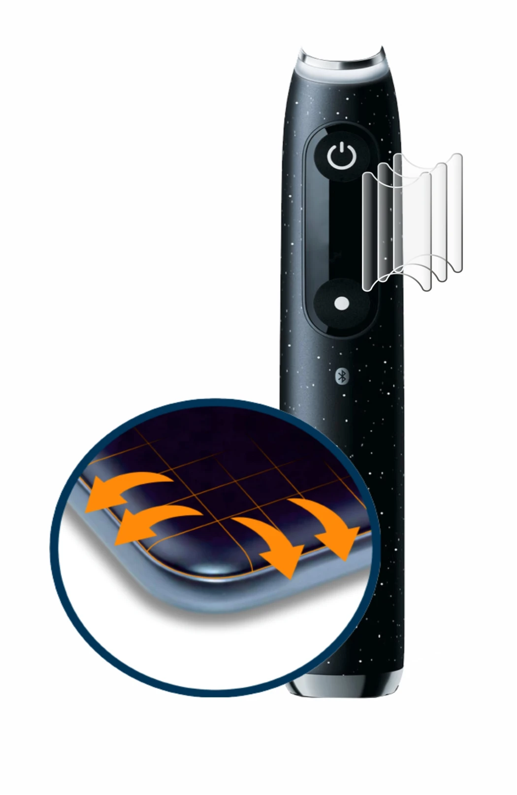 Immagine del dispositivo Oral-B iO 10 con un'ampia varietà di protezioni per lo schermo.