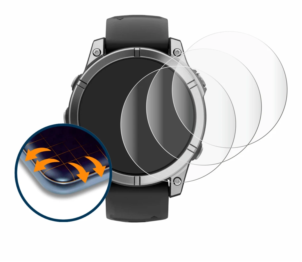 Immagine del dispositivo Garmin Fenix E con un'ampia varietà di protezioni per lo schermo.