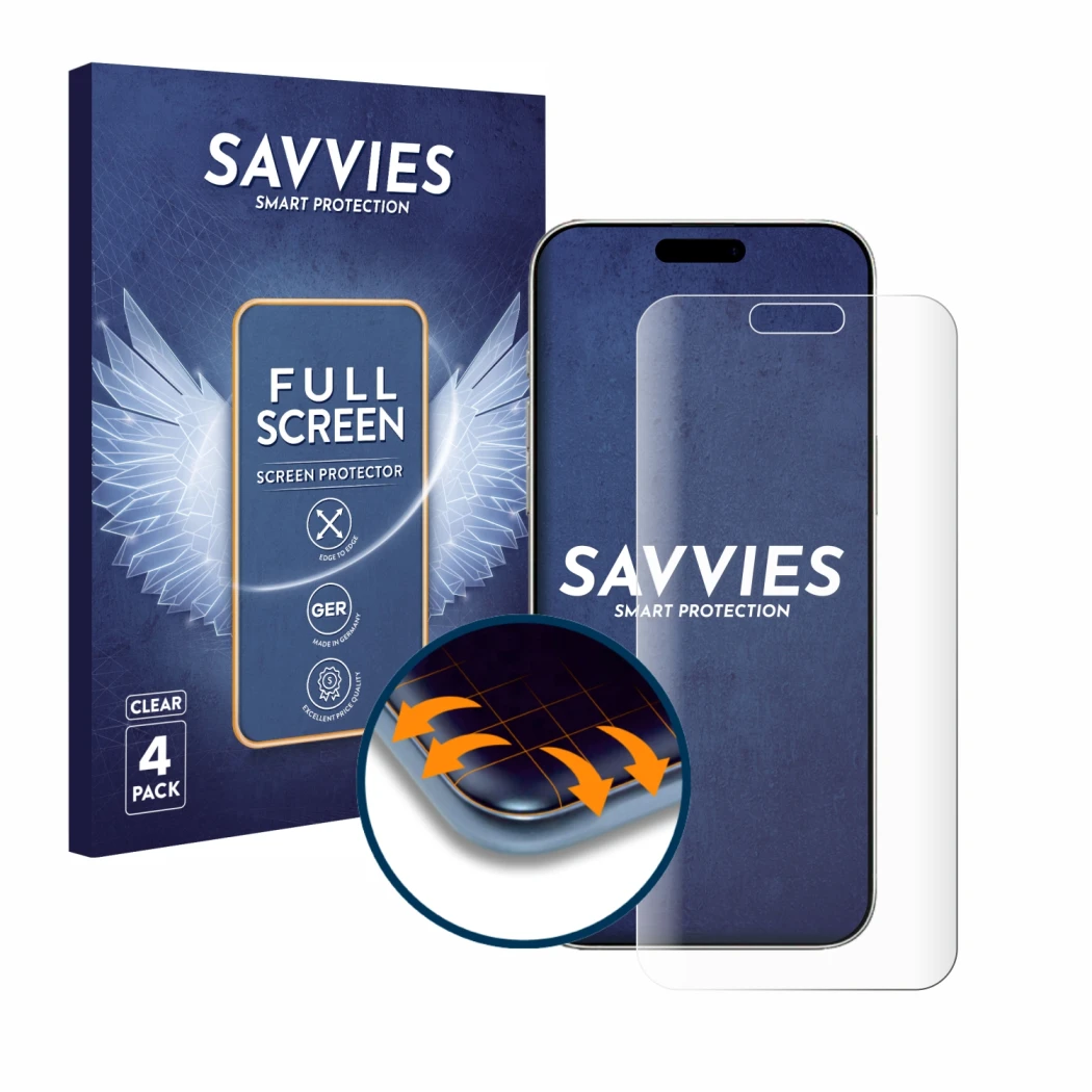 Parte frontale di una confezione del prodotto con il logo del marchio Savvies. Accanto è raffigurato il dispositivo Apple iPho