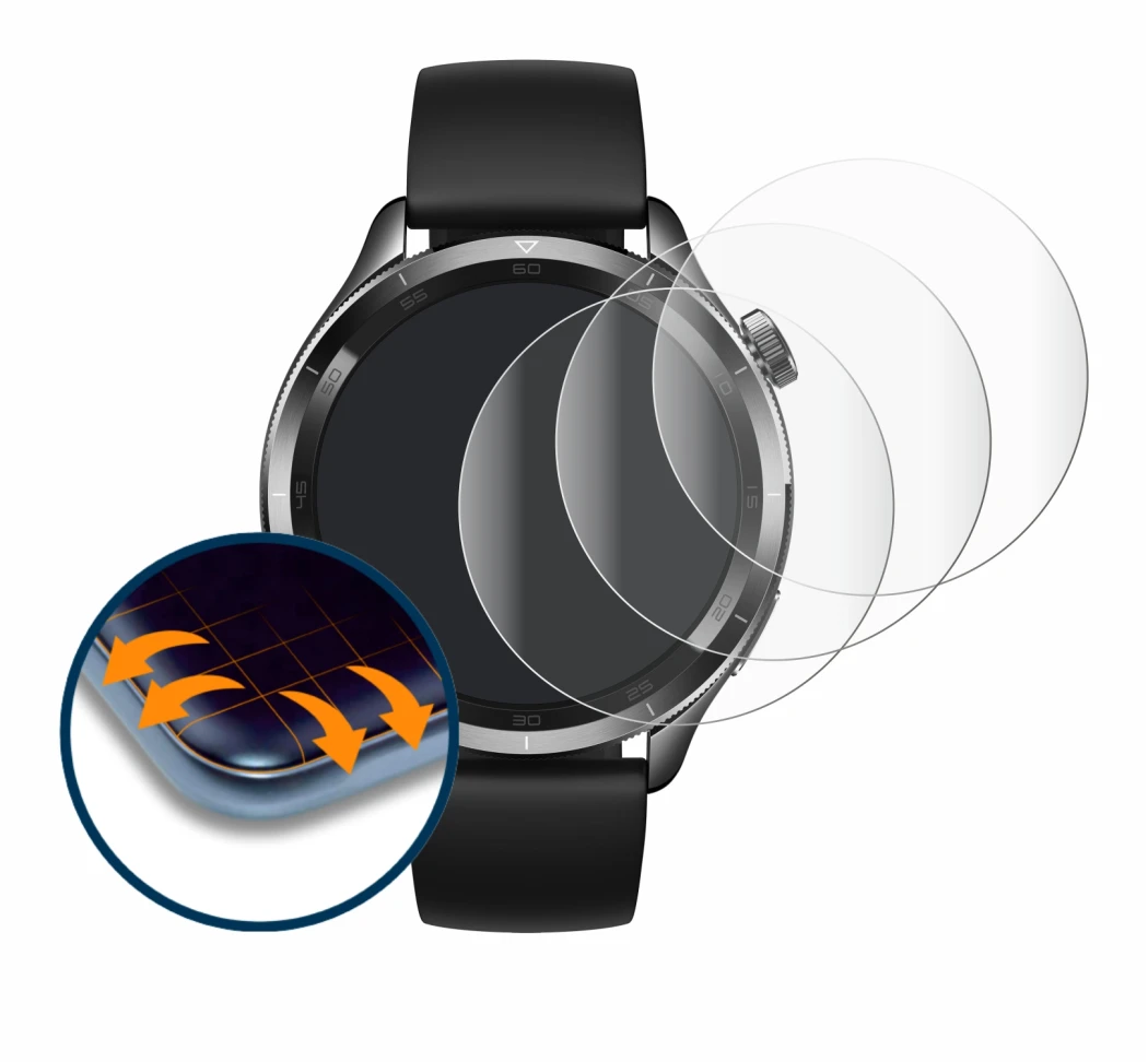 Immagine del dispositivo Xiaomi Watch S4 (47 mm) con un'ampia varietà di protezioni per lo schermo.