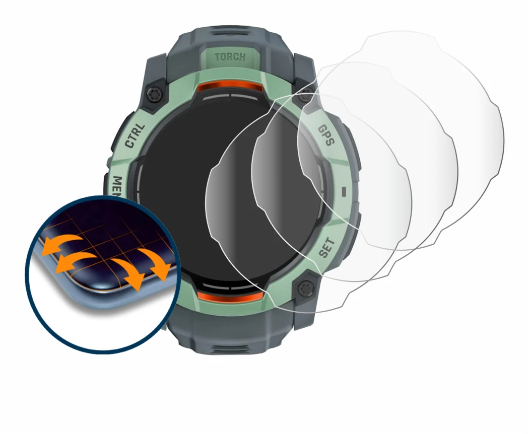 Immagine del dispositivo Garmin Instinct 3 AMOLED (45 mm) con un'ampia varietà di protezioni per lo schermo.