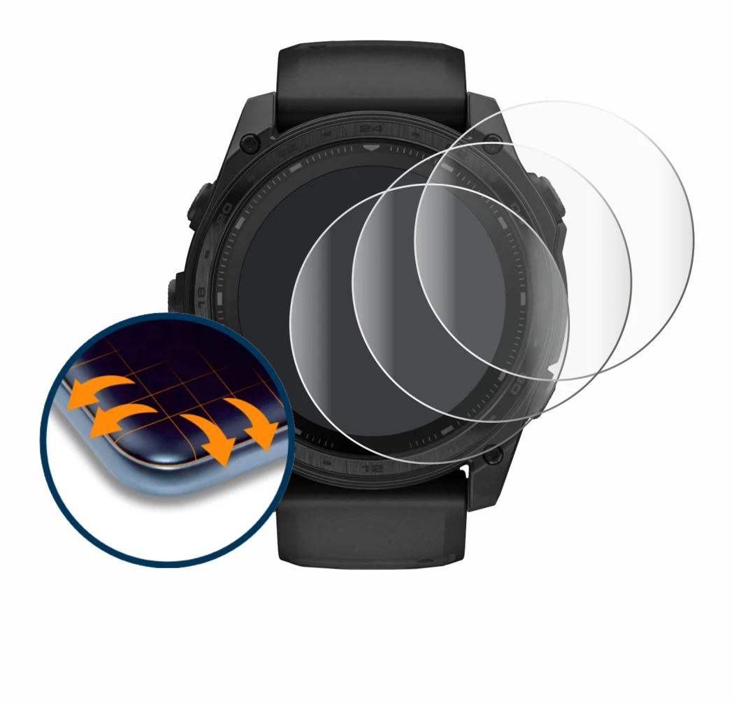 Immagine del dispositivo Garmin Tactix 8 Solar (51 mm) con un'ampia varietà di protezioni per lo schermo.