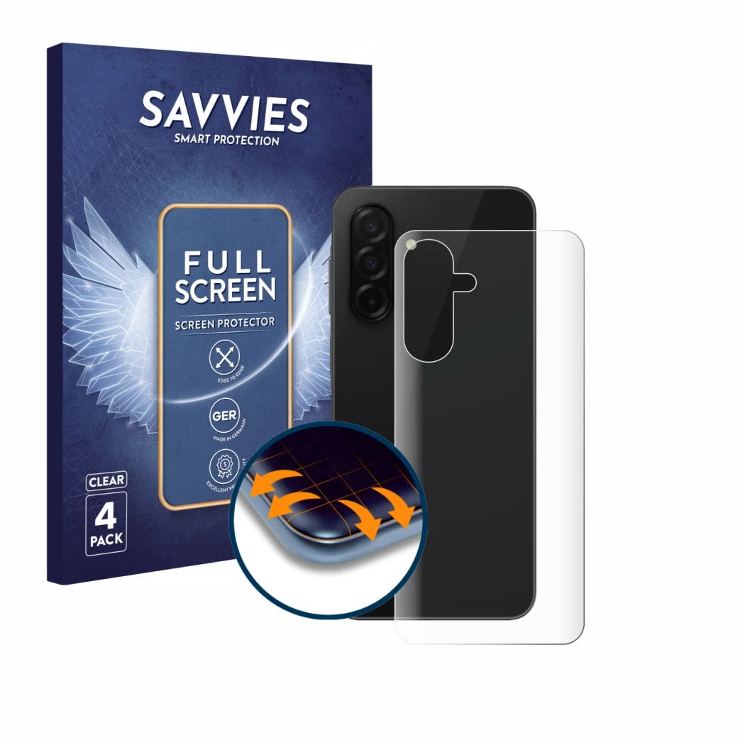 Parte frontale di una confezione del prodotto con il logo del marchio Savvies. Accanto è raffigurato il dispositivo Samsung Ga