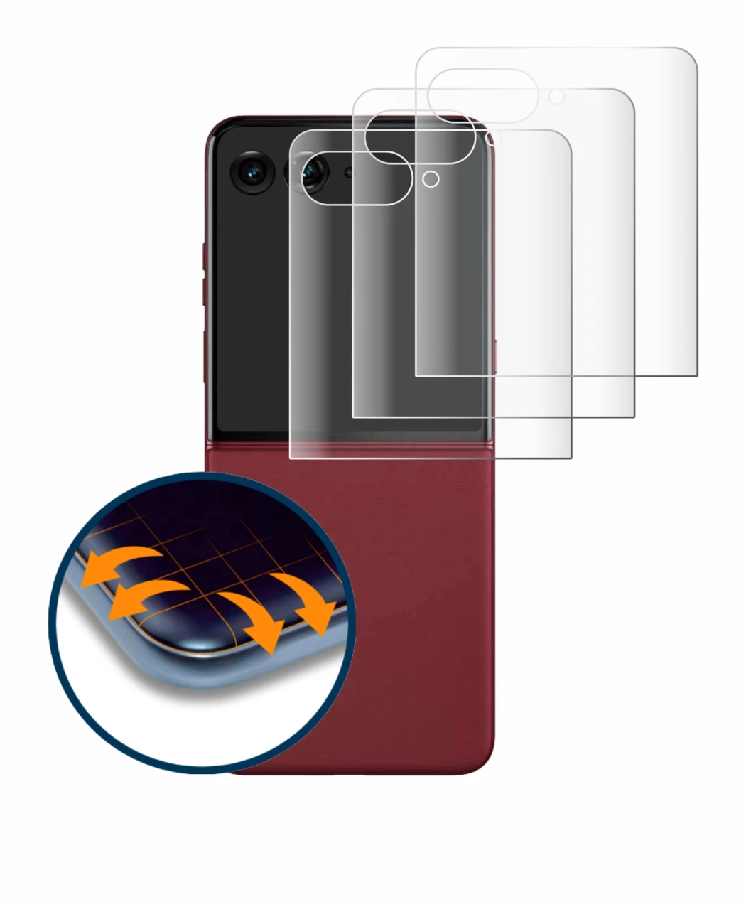 Immagine del dispositivo Motorola Razr 60 Ultra (Display posteriore) con un'ampia varietà di protezioni per lo schermo.