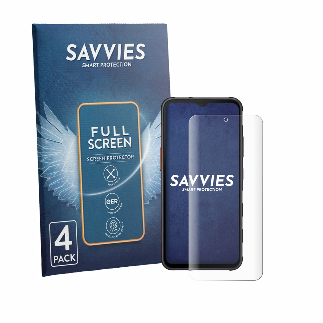 Parte frontale di una confezione del prodotto con il logo del marchio Savvies. Accanto è raffigurato il dispositivo Samsung Ga