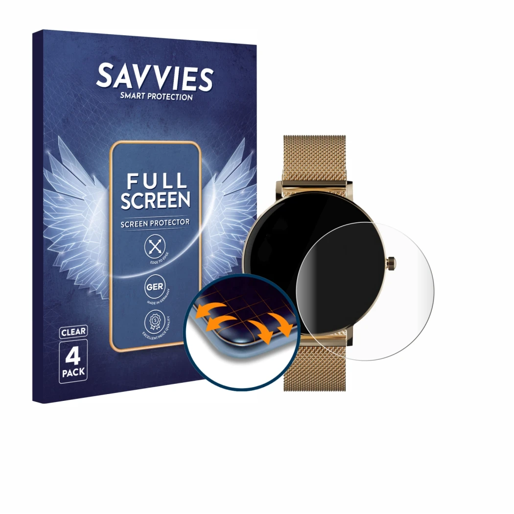 Parte frontale di una confezione del prodotto con il logo del marchio Savvies. Accanto è raffigurato il dispositivo ZenWatch V
