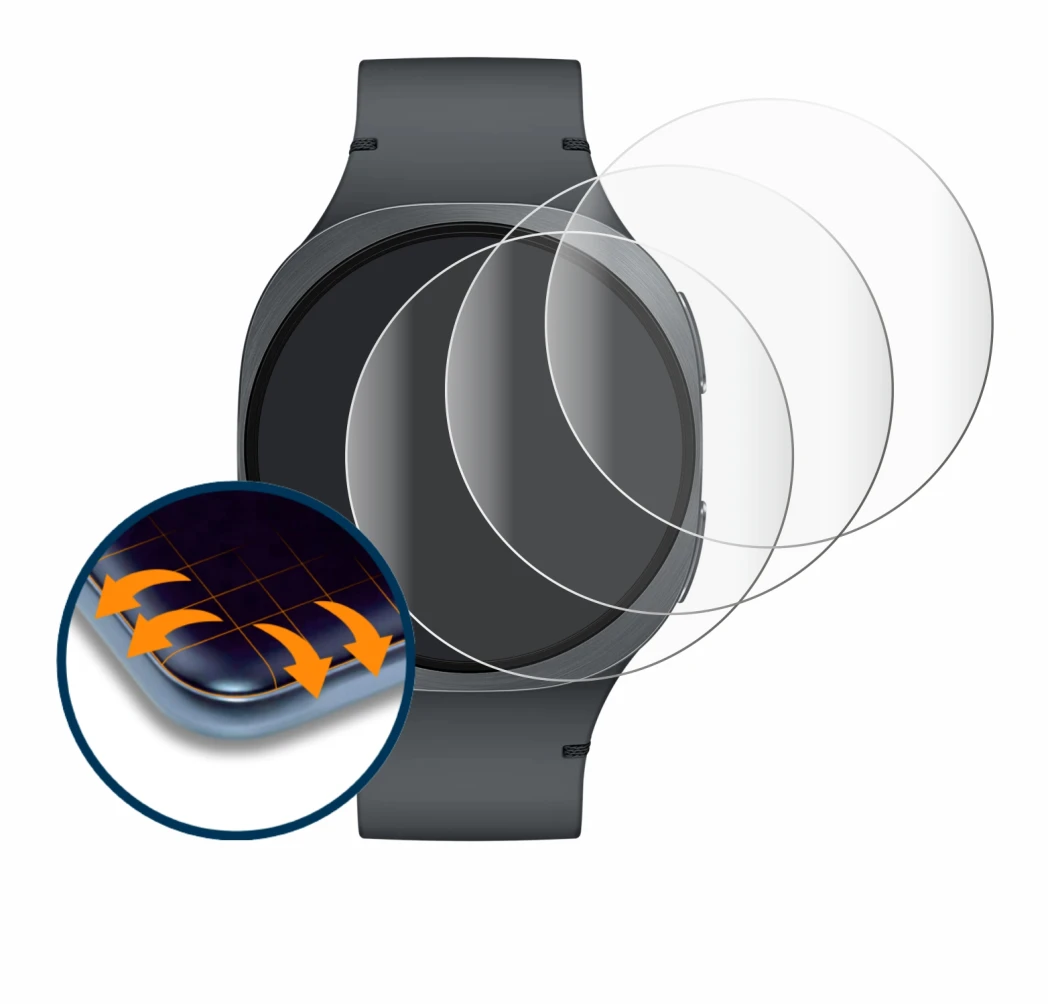 Immagine del dispositivo Samsung Galaxy Watch 8 (40 mm) con un'ampia varietà di protezioni per lo schermo.