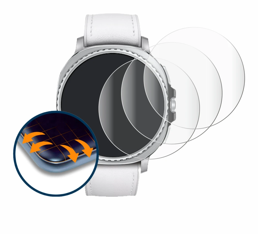 Immagine del dispositivo Samsung Galaxy Watch 8 Classic (46 mm) con un'ampia varietà di protezioni per lo schermo.