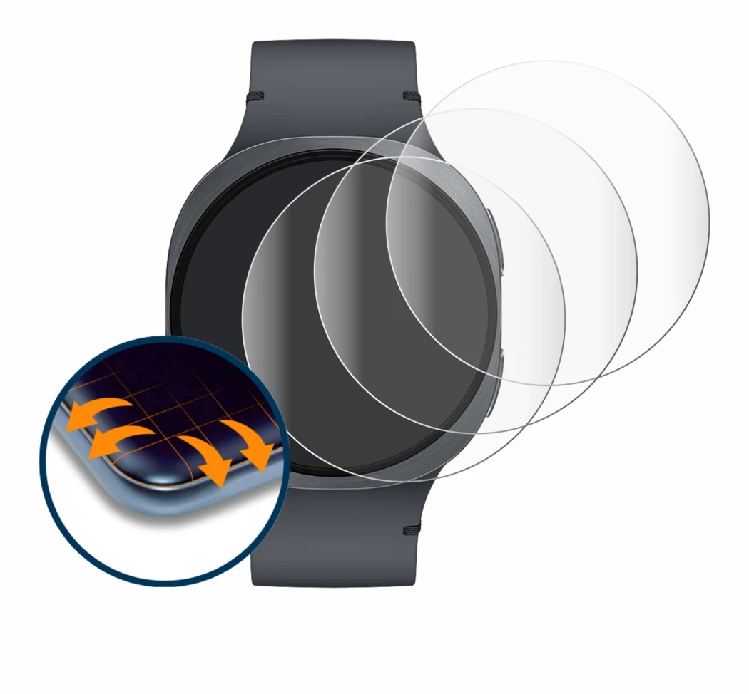 Immagine del dispositivo Samsung Galaxy Watch 8 (44 mm) con un'ampia varietà di protezioni per lo schermo.