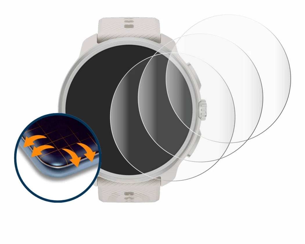 Immagine del dispositivo Suunto Race 2 con un'ampia varietà di protezioni per lo schermo.