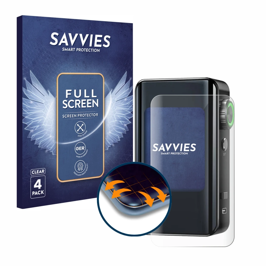 Parte frontale di una confezione del prodotto con il logo del marchio Savvies. Accanto è raffigurato il dispositivo Lost Vape 