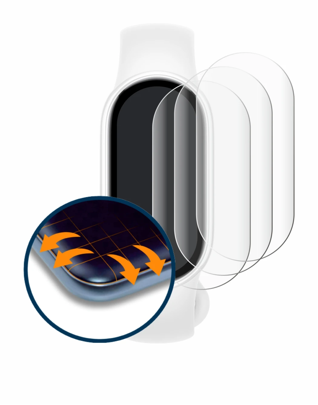 Immagine del dispositivo Xiaomi Smart Band 10 Ceramic Edition con un'ampia varietà di protezioni per lo schermo.