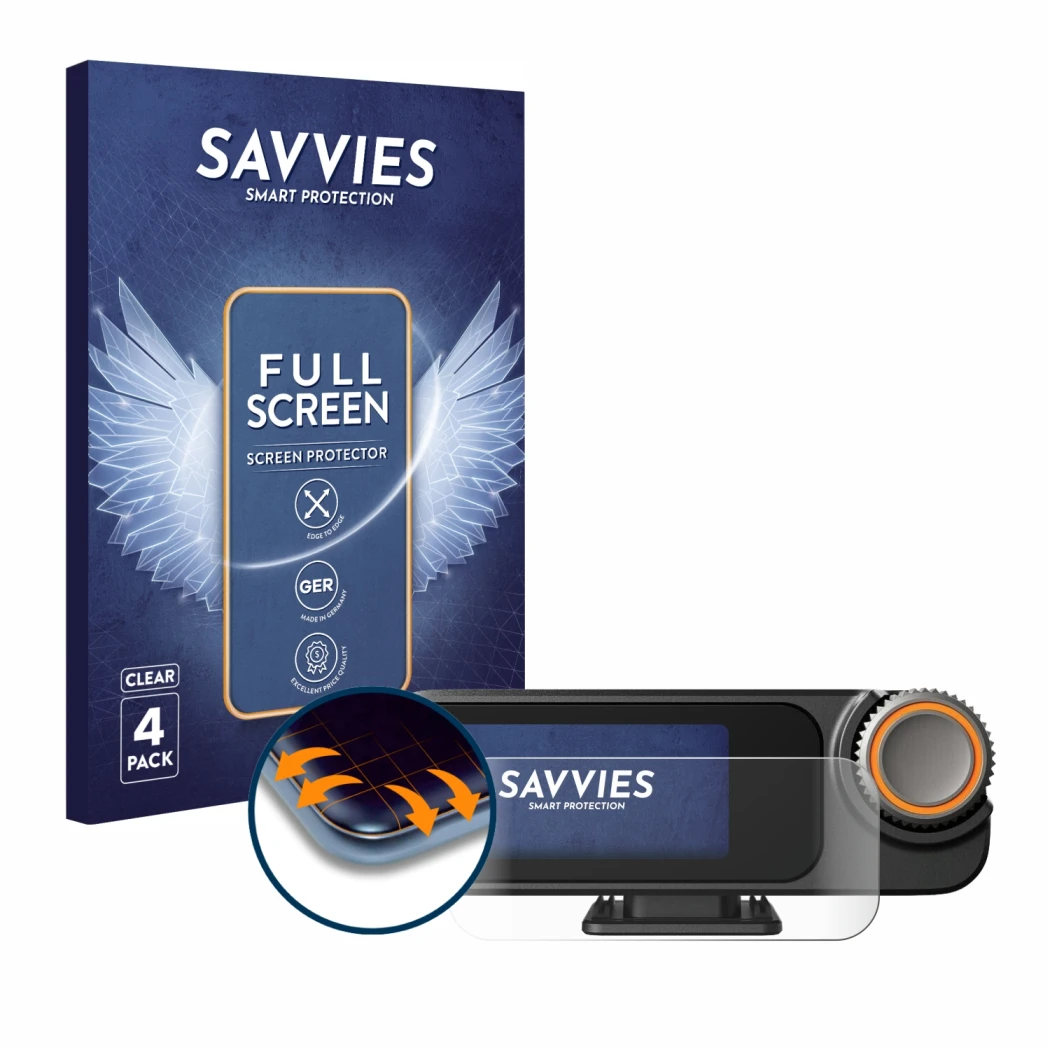 Parte frontale di una confezione del prodotto con il logo del marchio Savvies. Accanto è raffigurato il dispositivo DJI Mic 3 