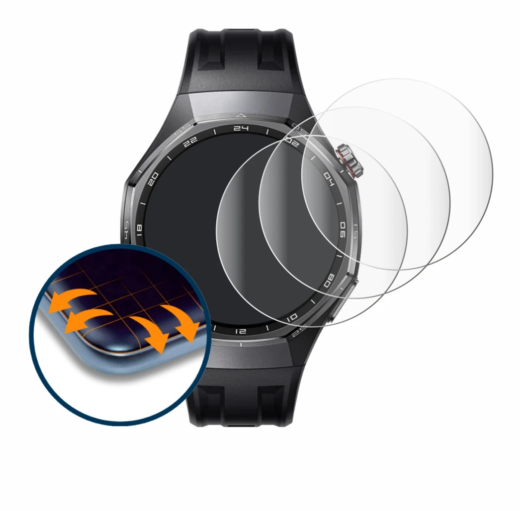 Immagine del dispositivo Huawei Watch GT 6 Pro (46 mm) con un'ampia varietà di protezioni per lo schermo.