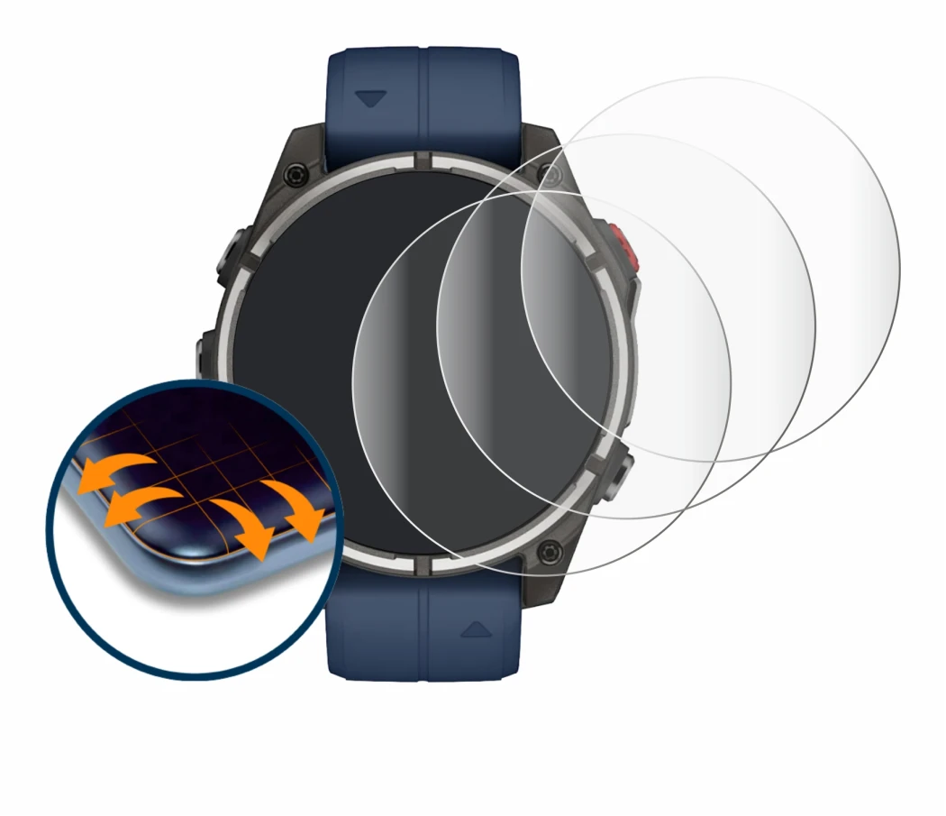 Immagine del dispositivo Garmin quatix 8 Pro (47 mm) con un'ampia varietà di protezioni per lo schermo.