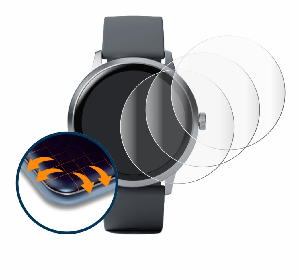 Immagine del dispositivo Pebble Round 2 con un'ampia varietà di protezioni per lo schermo.