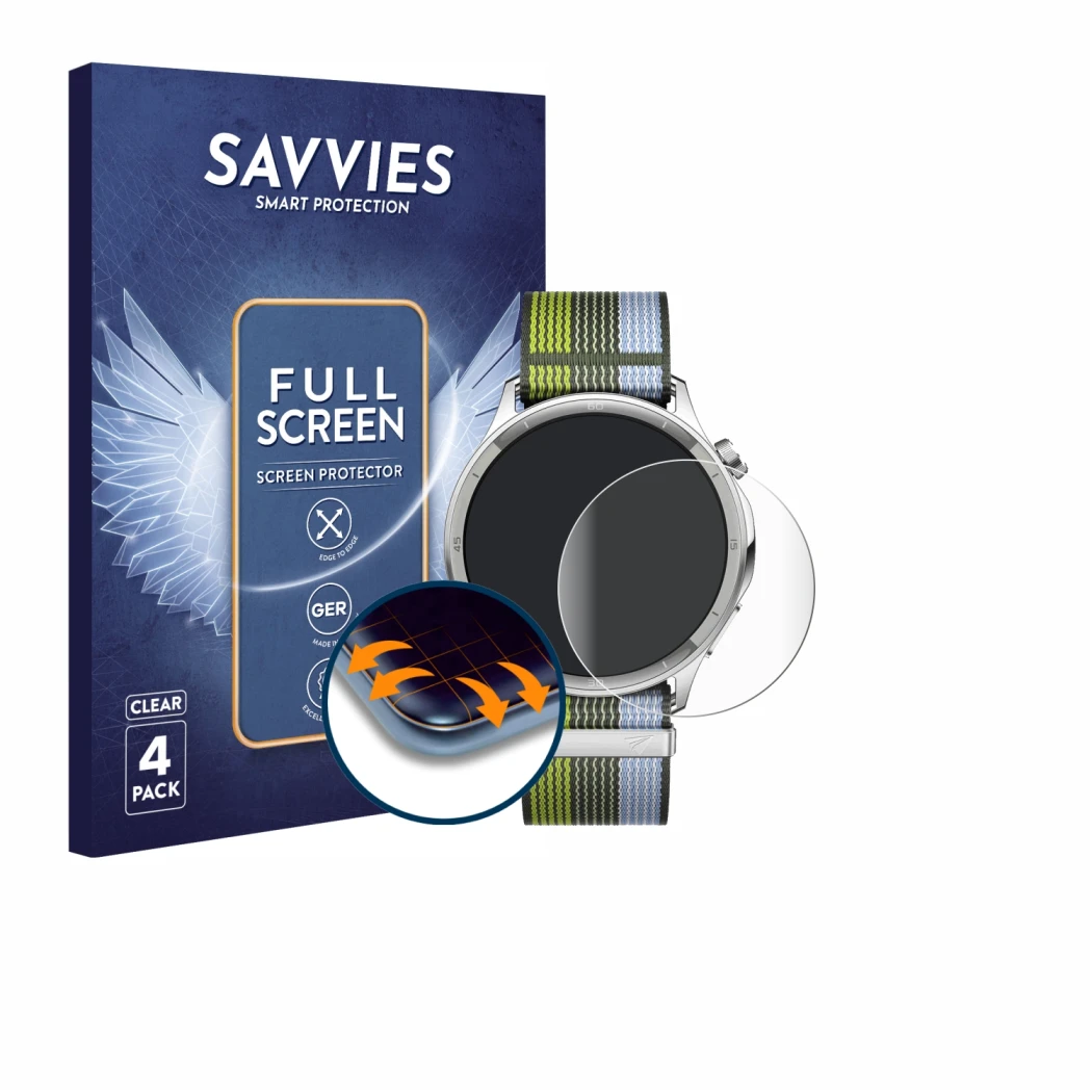 Parte frontale di una confezione del prodotto con il logo del marchio Savvies. Accanto è raffigurato il dispositivo Oppo Watch