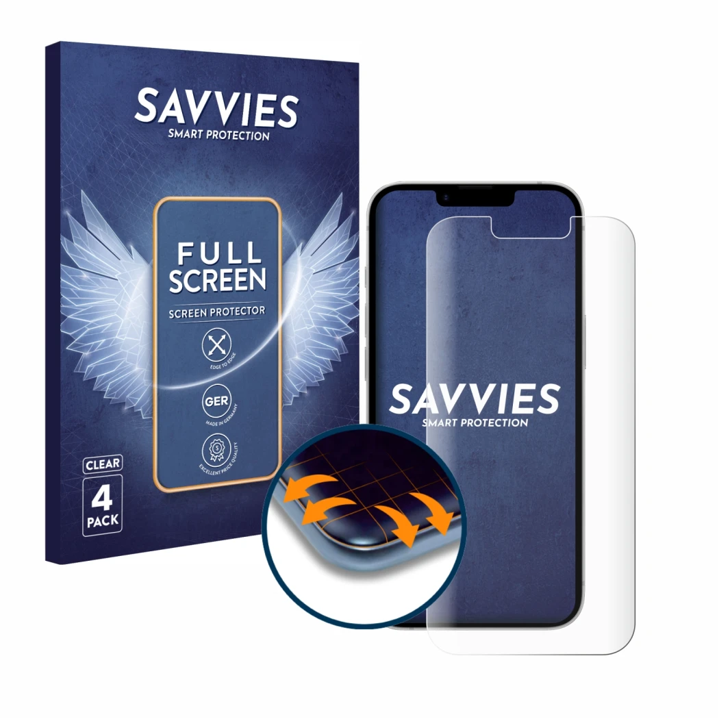 Parte frontale di una confezione del prodotto con il logo del marchio Savvies. Accanto è raffigurato il dispositivo Apple iPho