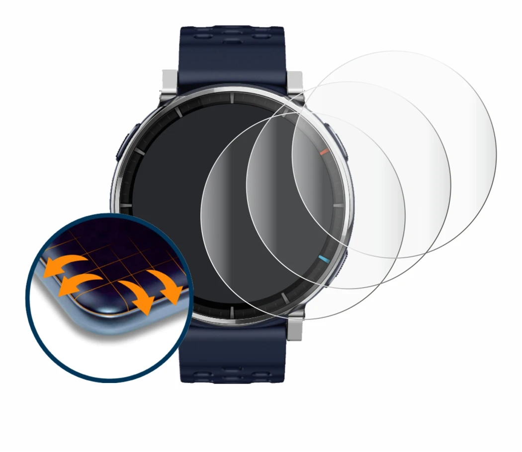 Immagine del dispositivo Amazfit Active 3 Premium con un'ampia varietà di protezioni per lo schermo.