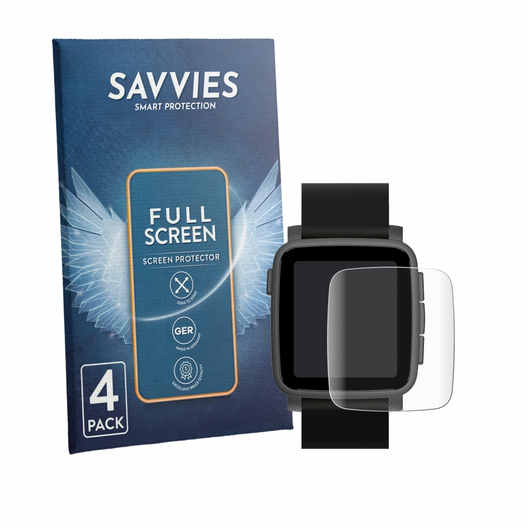 Parte frontale di una confezione del prodotto con il logo del marchio Savvies. Accanto è raffigurato il dispositivo Pebble Tim