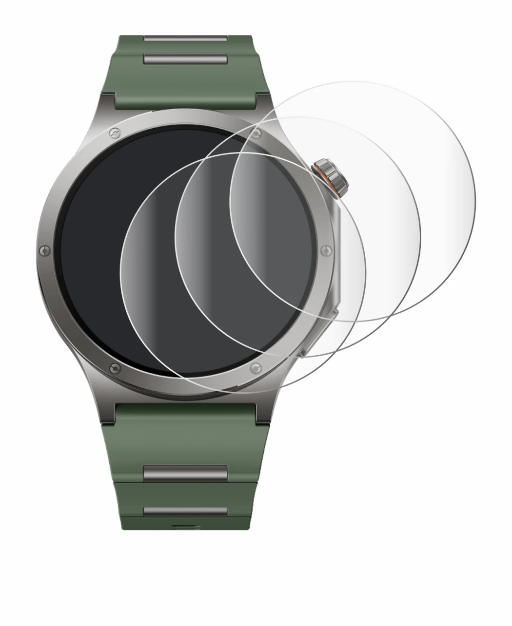 Immagine del dispositivo OnePlus Watch 4 con un'ampia varietà di protezioni per lo schermo.