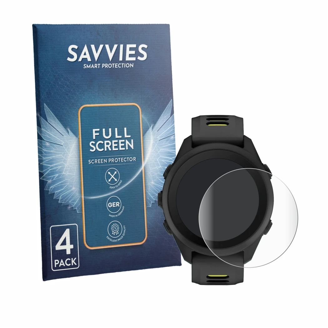 Parte frontale di una confezione del prodotto con il logo del marchio Savvies. Accanto è raffigurato il dispositivo Garmin For