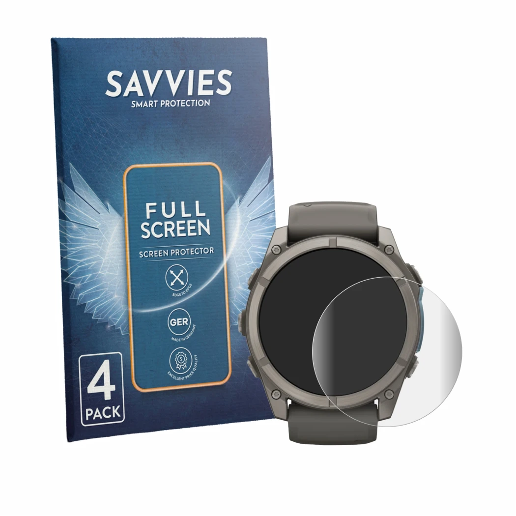 Parte frontale di una confezione del prodotto con il logo del marchio Savvies. Accanto è raffigurato il dispositivo Garmin Fen