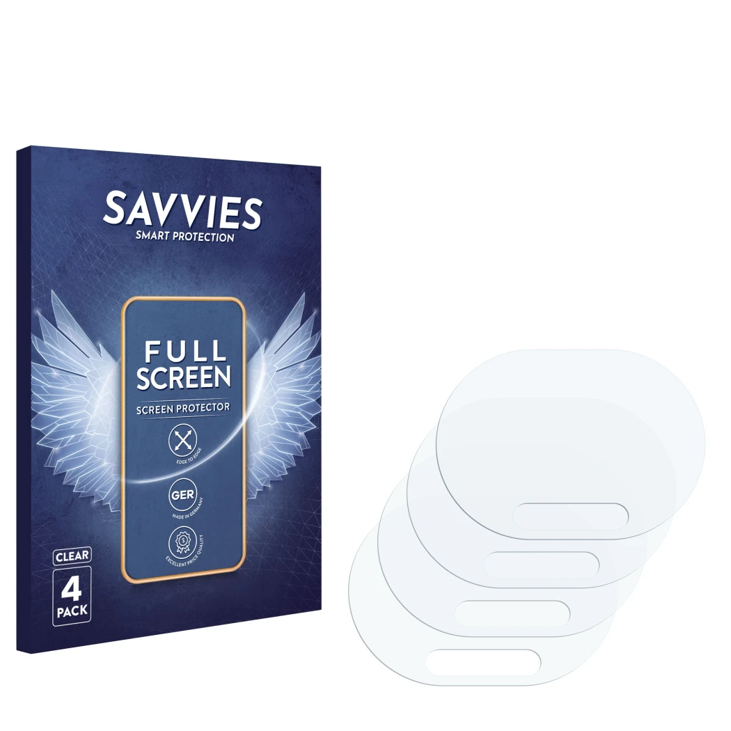 Parte frontale di una confezione del prodotto con il logo del marchio Savvies. Accanto si trova la protezione per lo schermo c