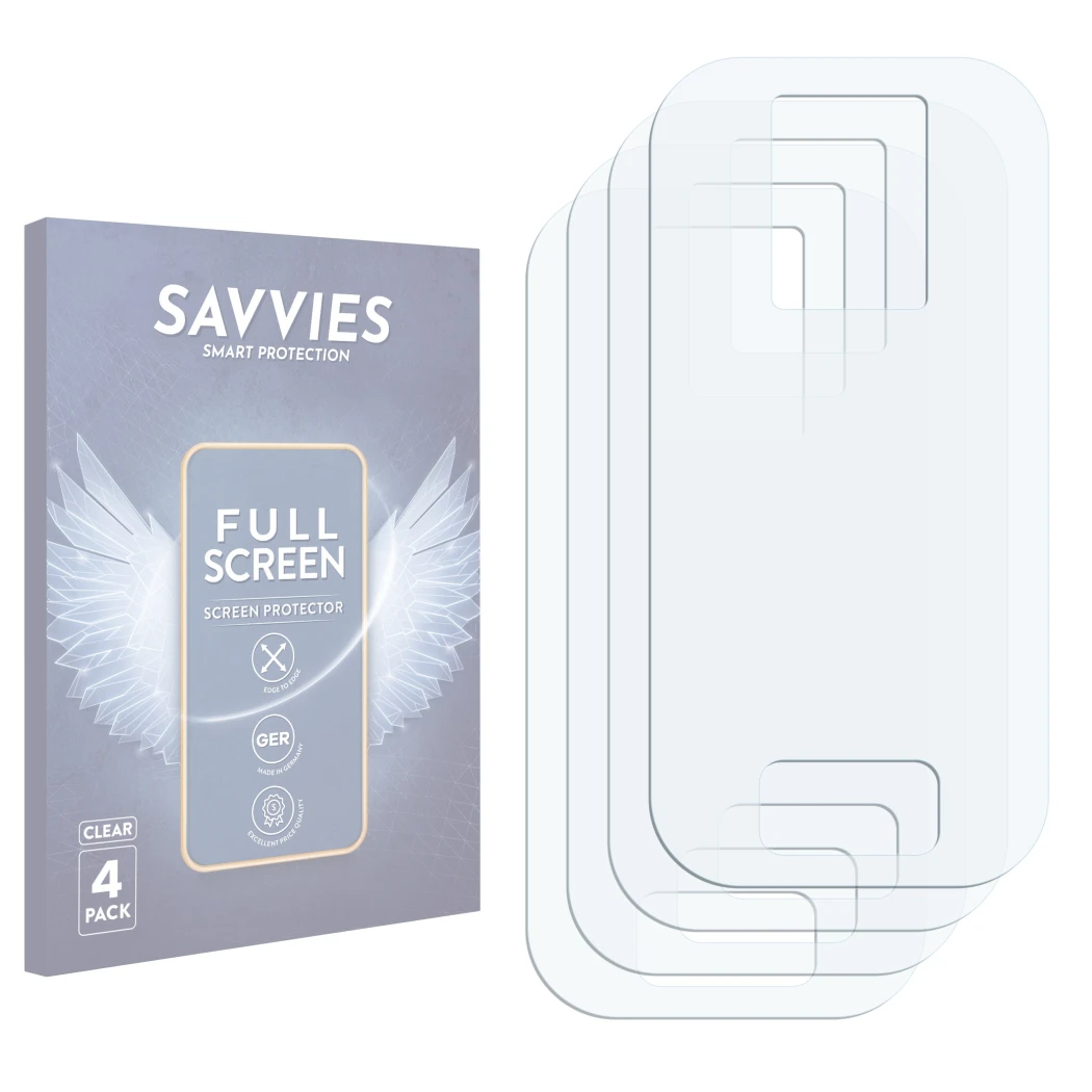 Parte frontale di una confezione del prodotto con il logo del marchio Savvies. Accanto si trova la protezione per lo schermo c