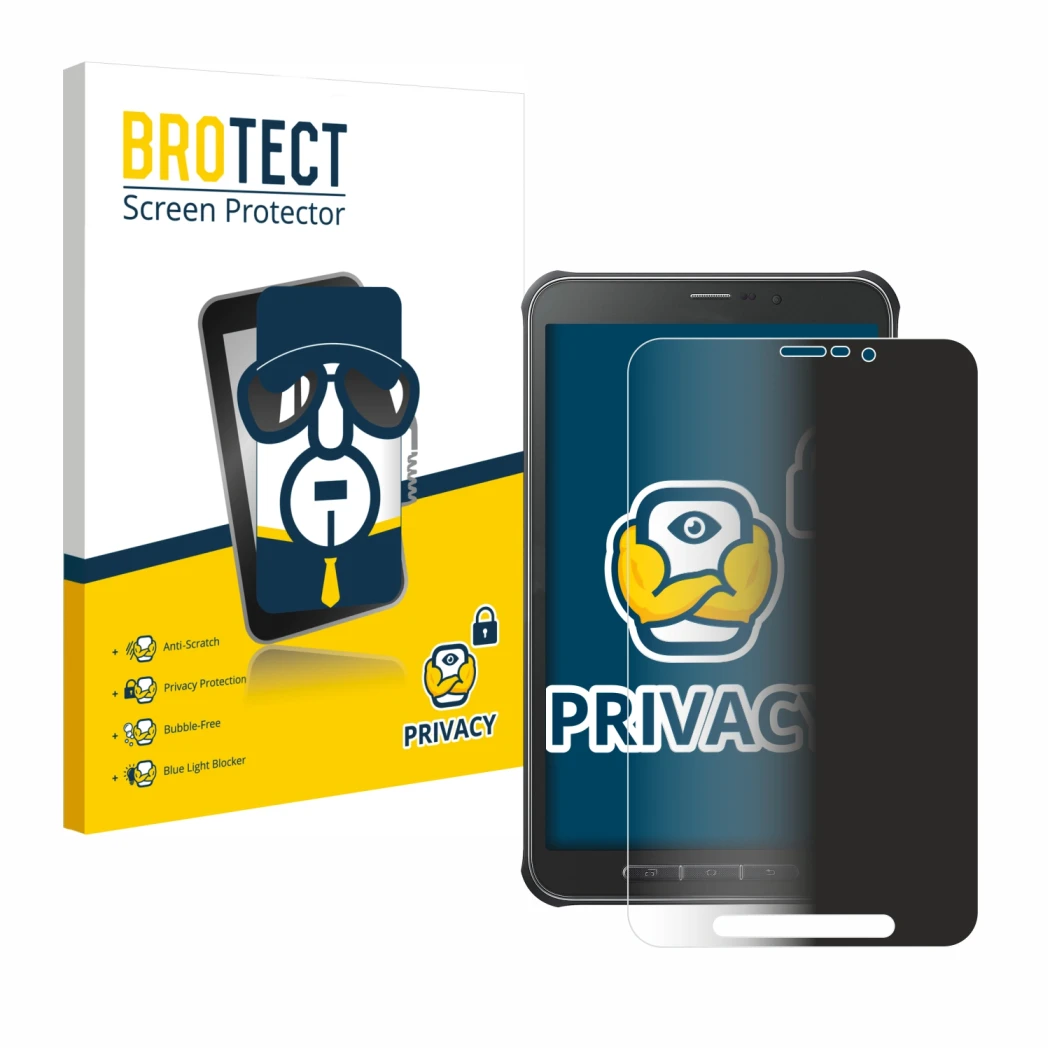 Parte frontale di una confezione del prodotto con il logo del marchio BROTECT. Accanto è raffigurato il dispositivo Samsung Ga