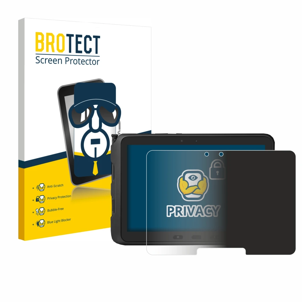 Parte frontale di una confezione del prodotto con il logo del marchio BROTECT. Accanto è raffigurato il dispositivo Samsung Ga