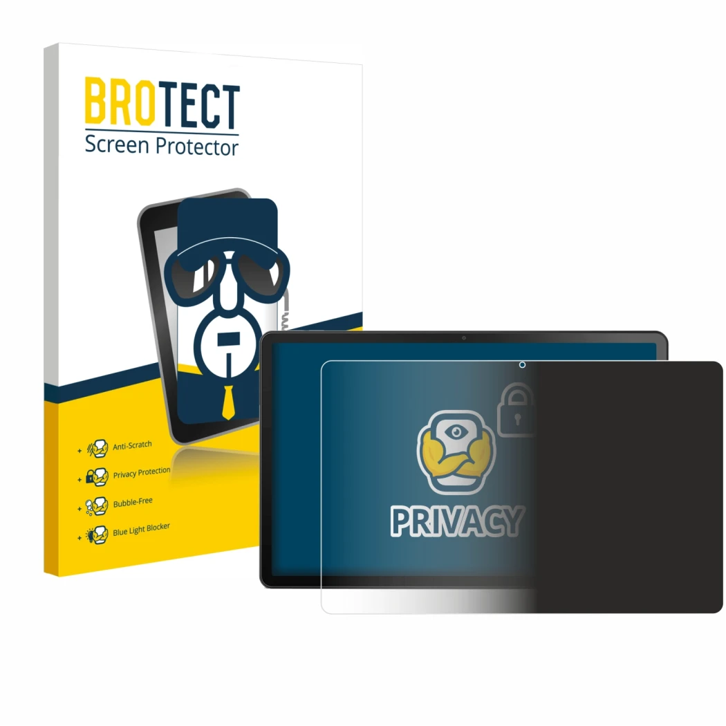 Parte frontale di una confezione del prodotto con il logo del marchio BROTECT. Accanto è raffigurato il dispositivo Lenovo Tab